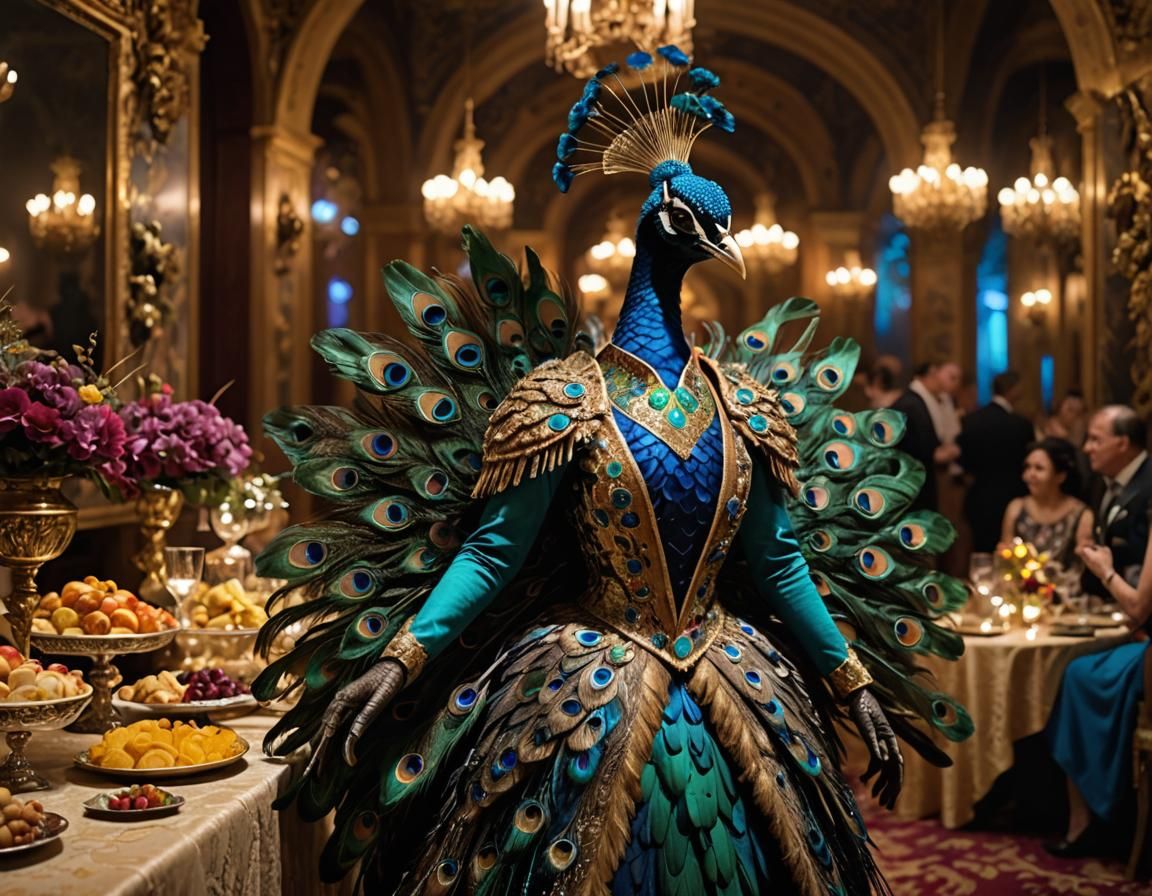 Peacock Humanoid at Fantasy Reception with Volumetric Lighti...