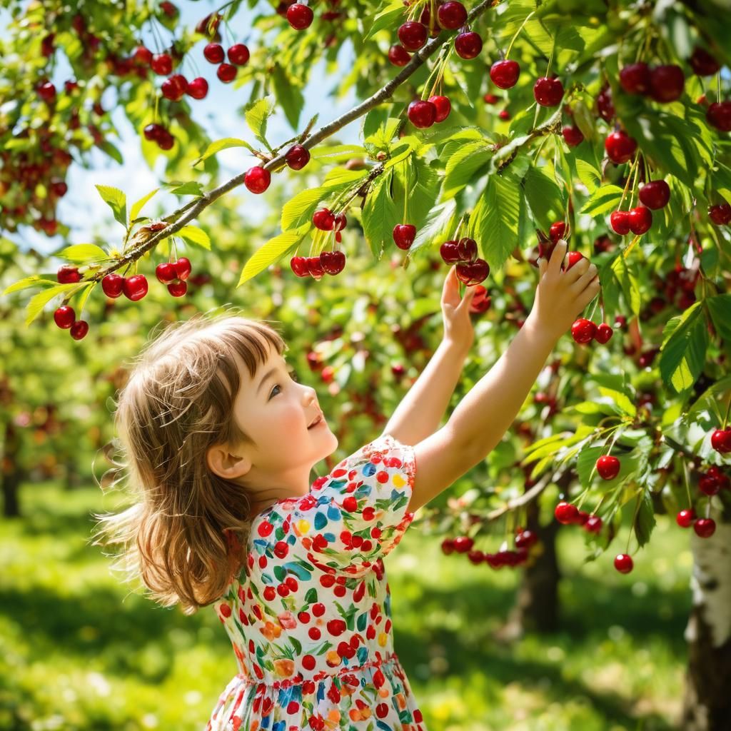 a child can be seen in a cherry tree, engaged in picking che...