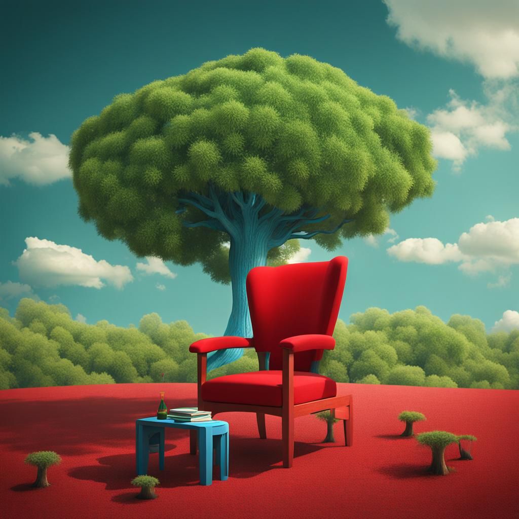 the red chair has a tree sprouted, in the style of bess hami...