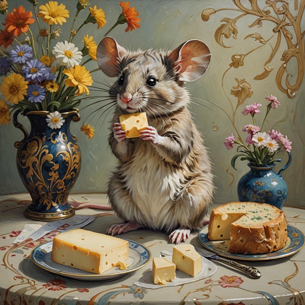An art nouveau fuzzy mouse with a block of cheese, on a counter with a vase of flowers   by @GeekWorldMinion