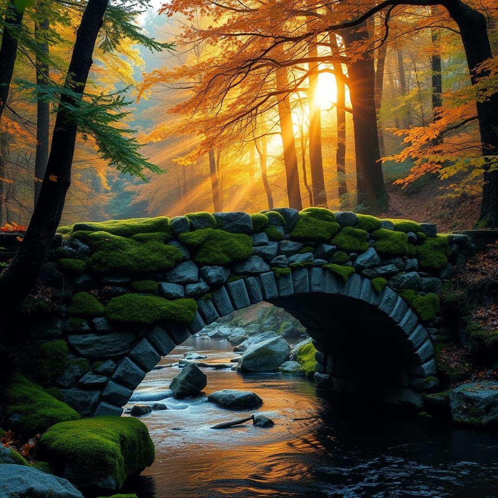 Ancient Stone Bridge in Emerald Moss, Autumn Hues