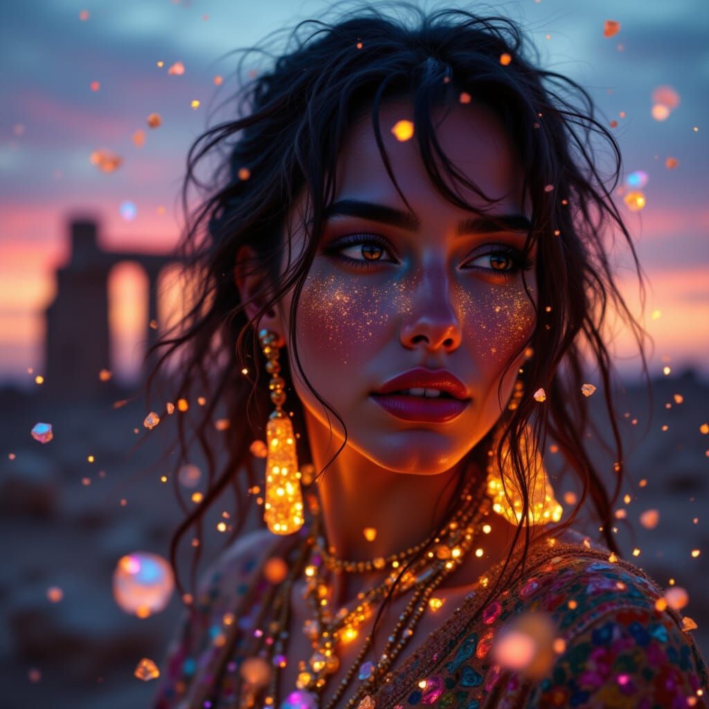 <lora:Shatterly:1.0> A portrait of a beautiful woman, bohemian nomad. Wearing intricate jewelry. Neon noir, rainbow colored. Glazing kindly ...