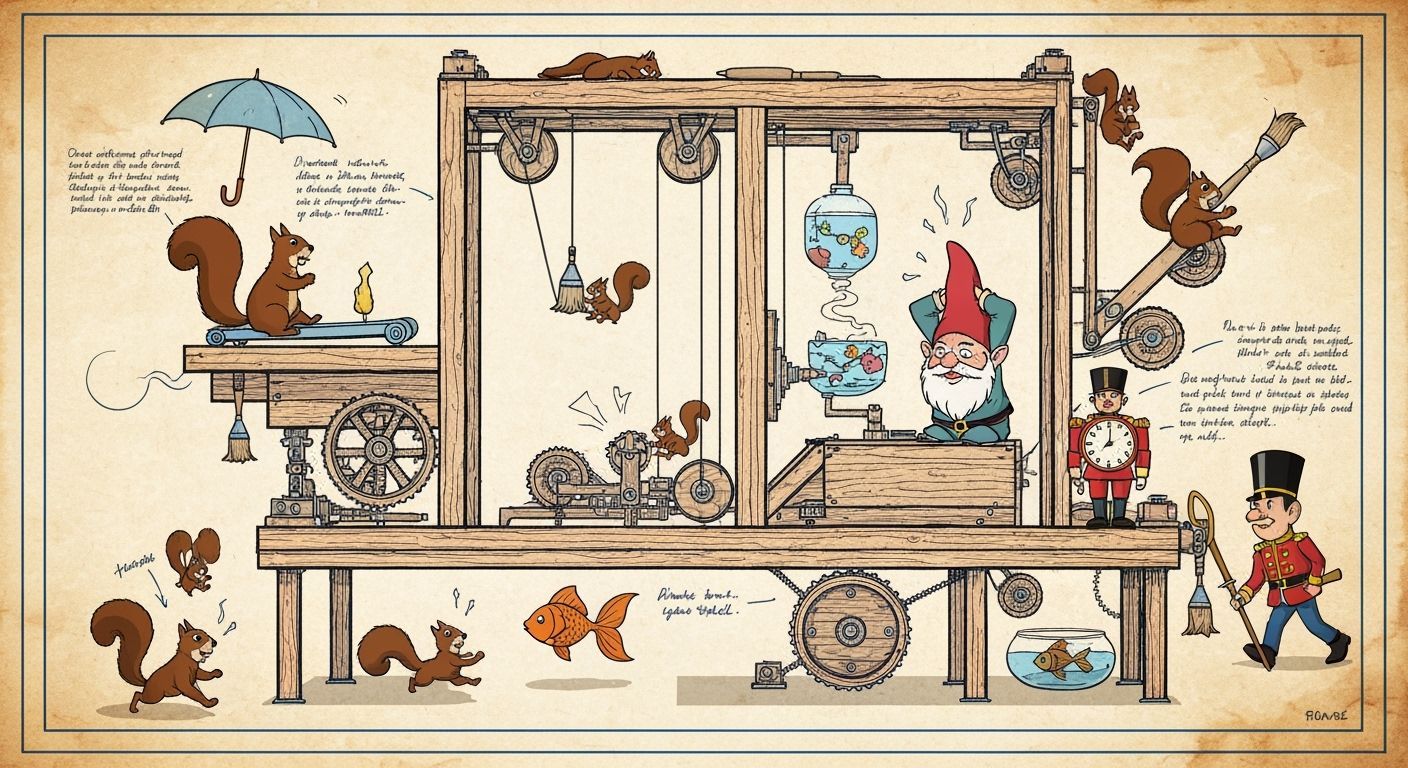 A confused Gnome operating an AI image generator — in the style of W. Heath Robinson  by @Willow Strawberry