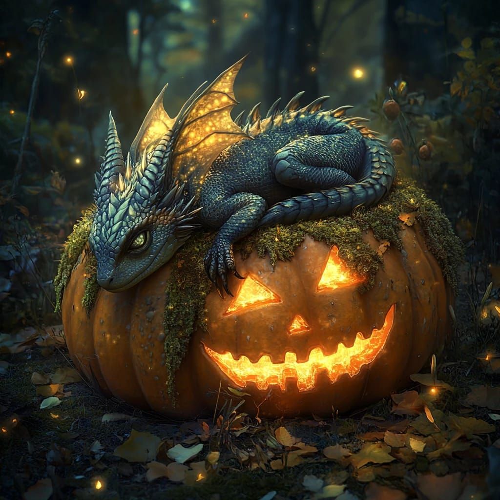 Baby Dragon on Giant Jack-o'-Lantern  by @Kata Lianna Tanaii