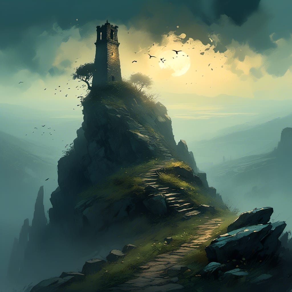  <lora:Rare Feeling:1.0> A stone tower standing alone on a windswept hill