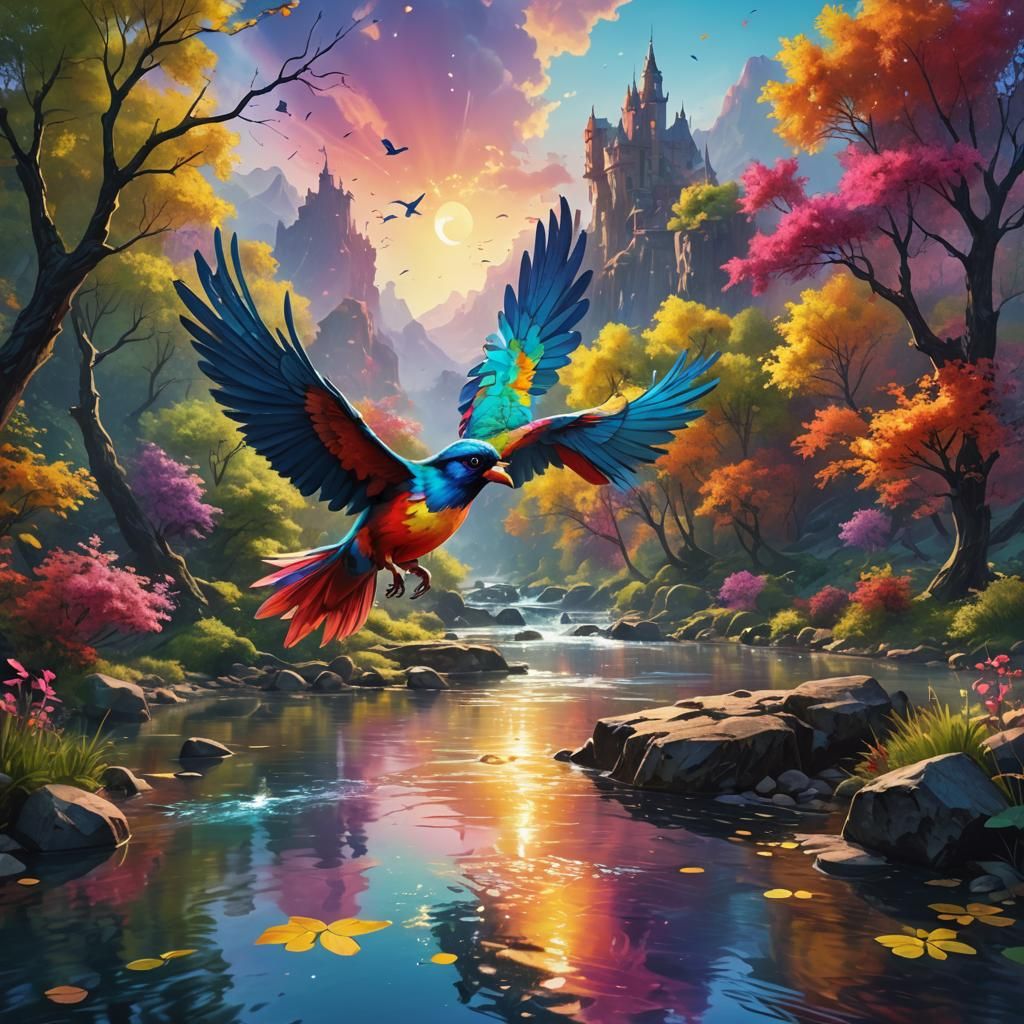 A Tik Tok painting in bright colors over a river with a multi-colored bird on it, with magical lighting that reflects th...