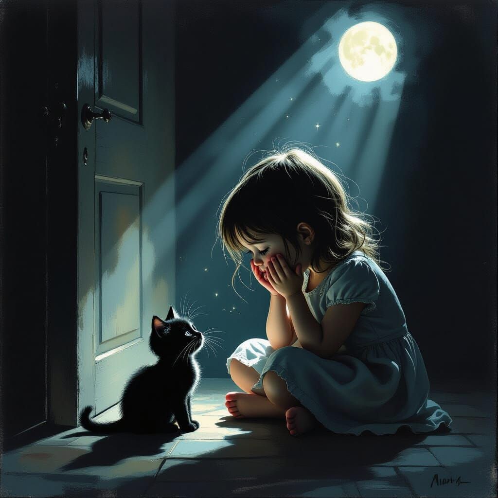 Sad Girl With Kitten in Dark Room, Dark Fantasy Art