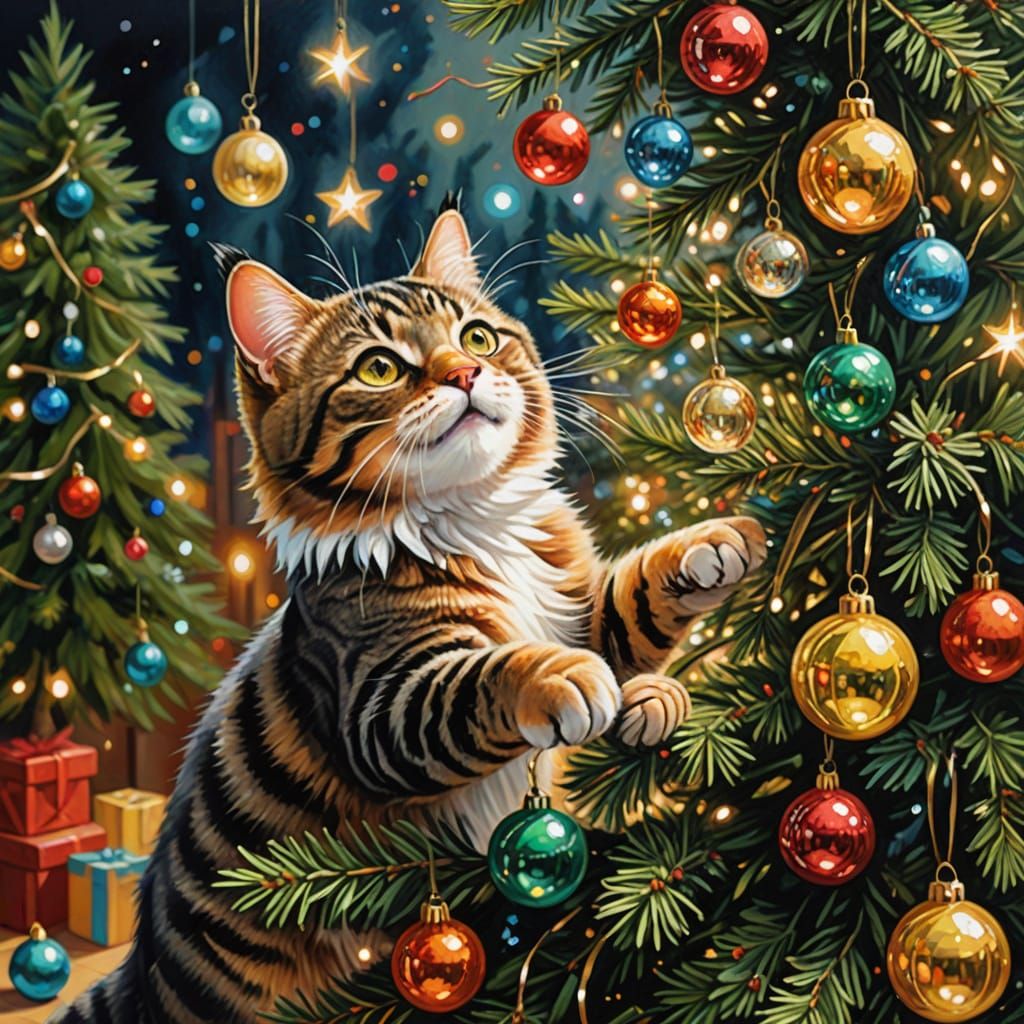 A lifelike oil painting depicting a curious tabby cat mid-climb on a lush, green Christmas tree adorned ...  by @SandieG