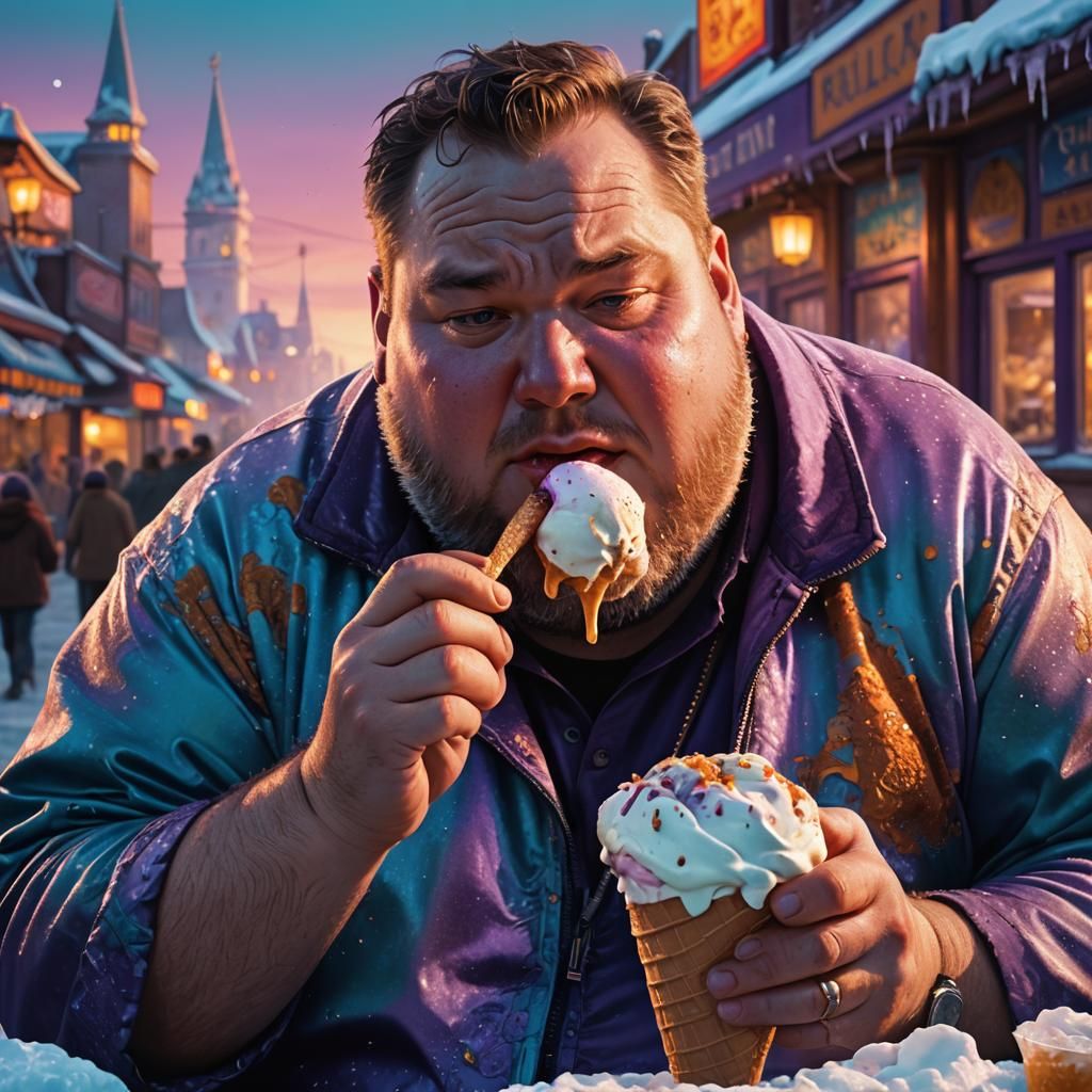 Photorealistic Painting of a Man Eating Ice Cream
