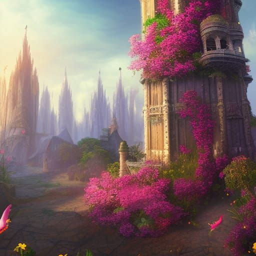 Long tower with flowers and birds