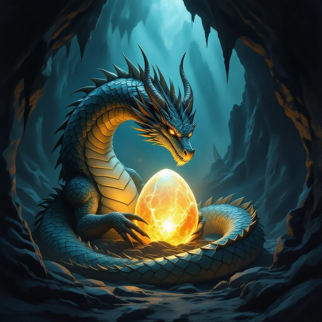 A colossal, ancient dragon, scales shimmering with forgotten runes, coiled around a pulsating, ethereal egg that hums with raw, untamed powe...