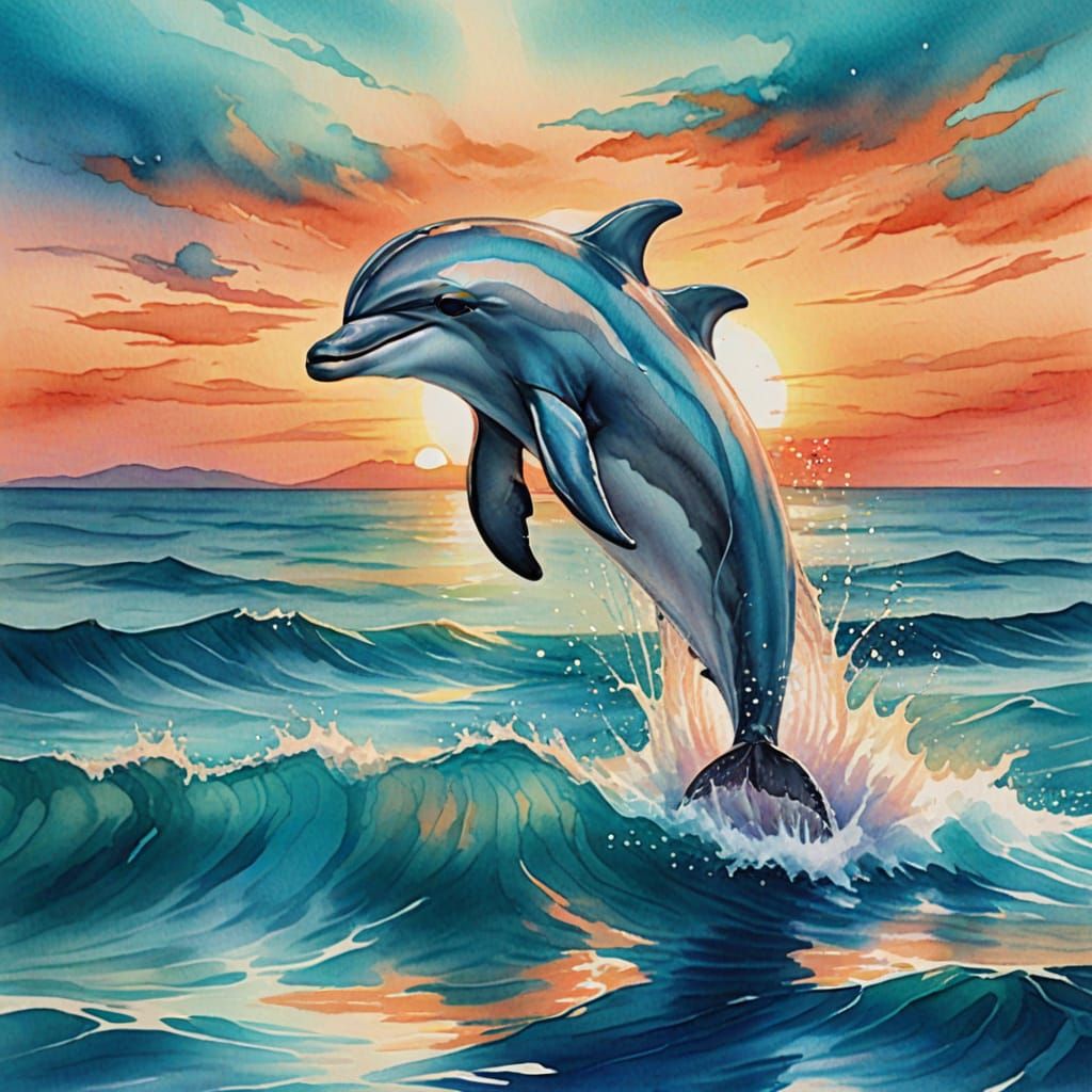 Surreal Dolphin Emerges from Sunset Ocean in Whimsical Water...