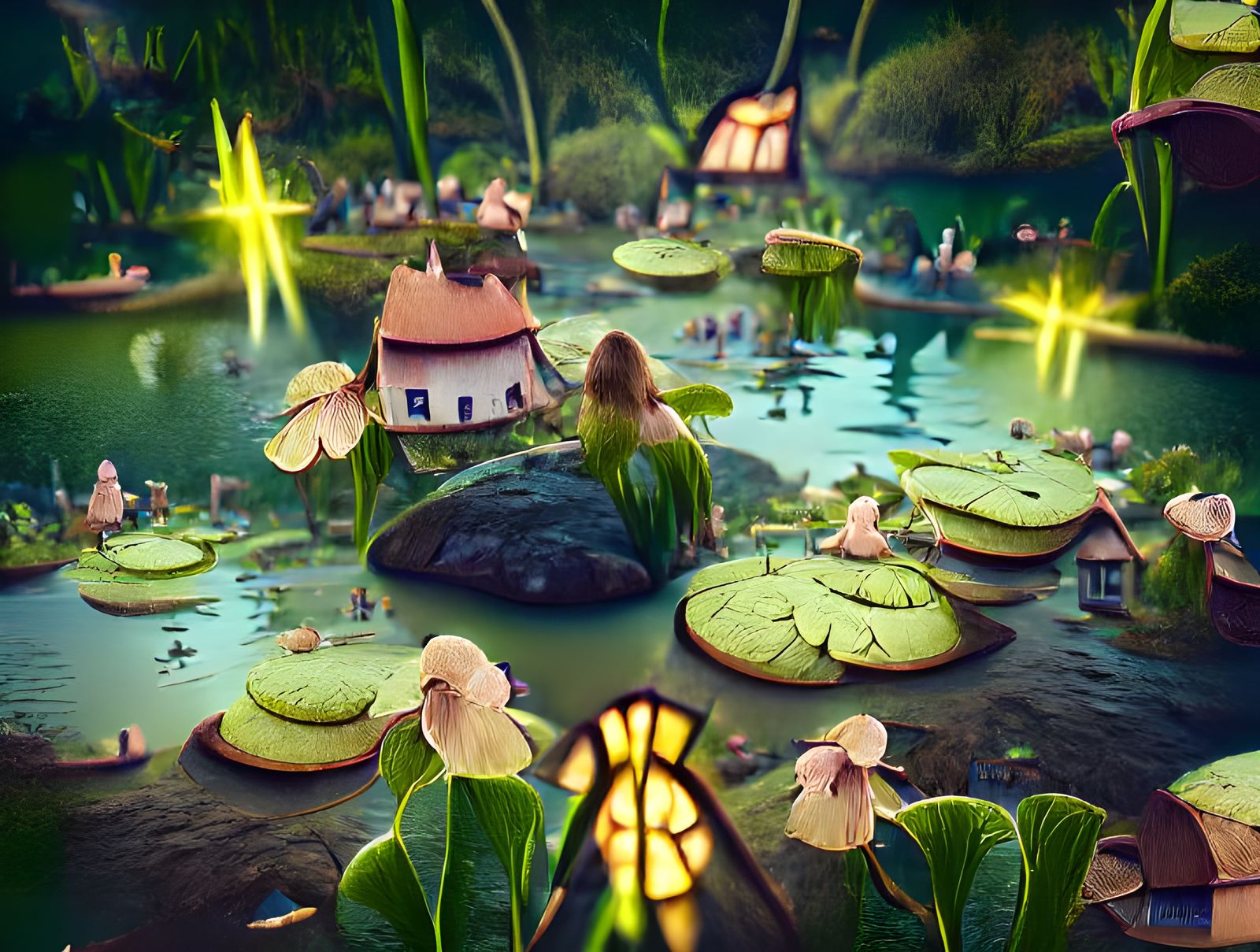 Fairy village on lily pads