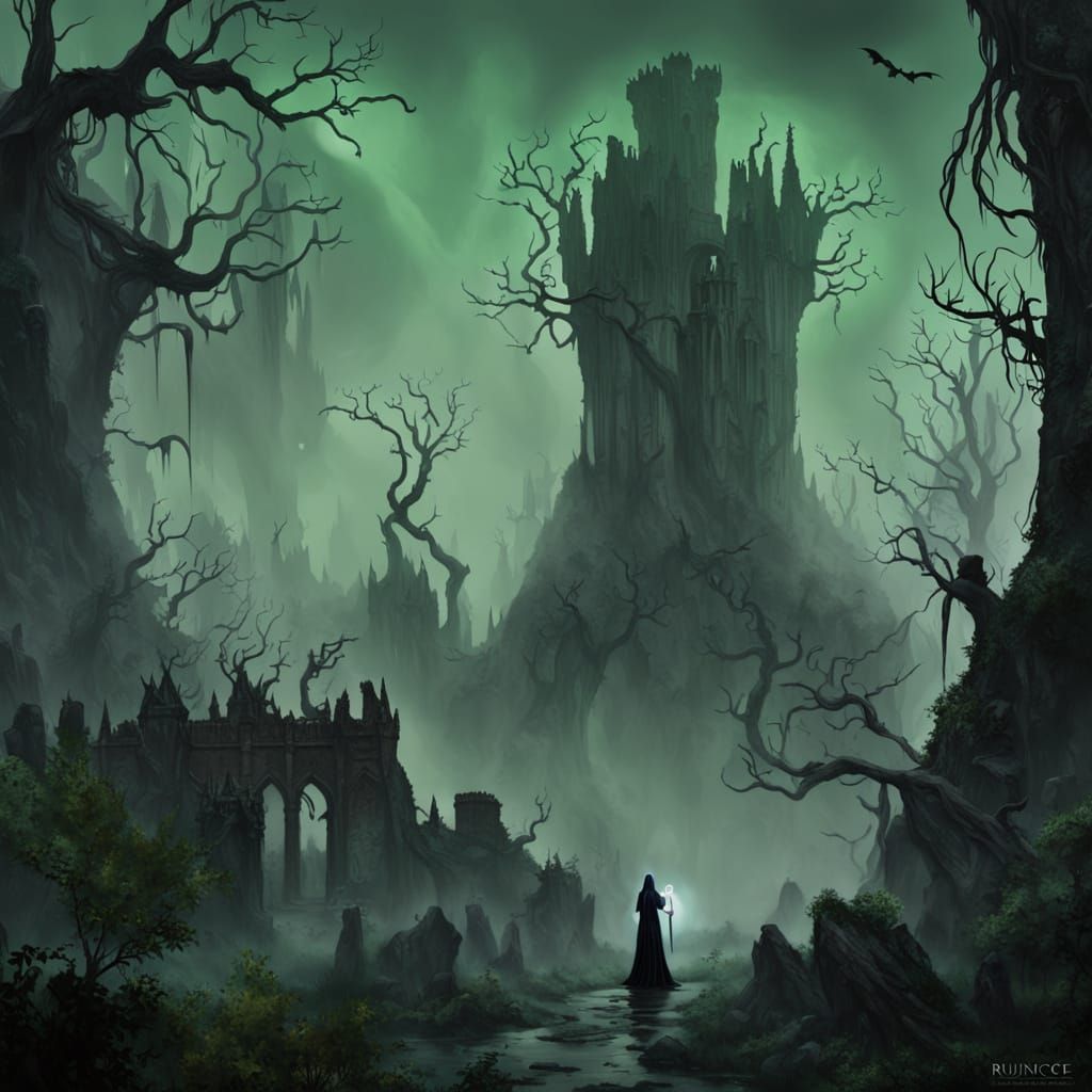 Gothic Vampiress Overlooking Ruined City in Moody Matte Pain...