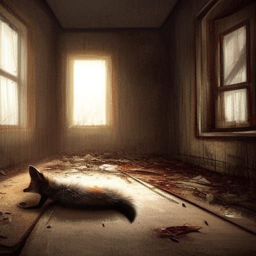 a dead fox laying in a abandoned house with a bloody knife