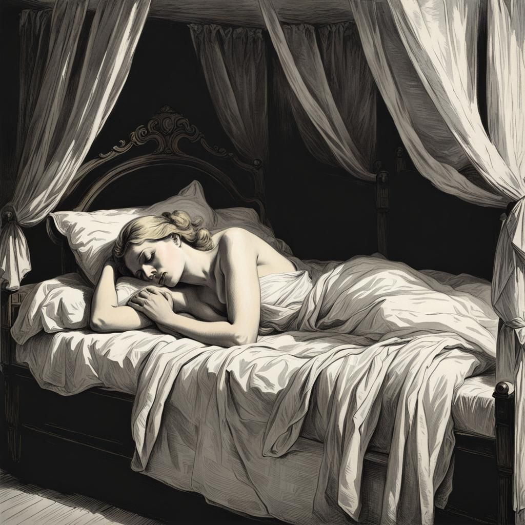 A stunning blonde woman , (sleeping:3.0) in a canopy bed. Dreaming of love.  - AI Generated Artwork - NightCafe Creator