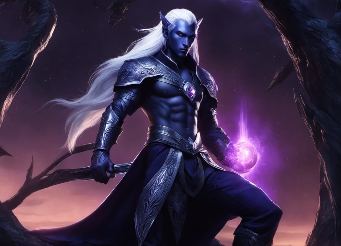 |Male Drow, Dark Blue Skin, Long White Hair, Lavender Eyes, Pointed