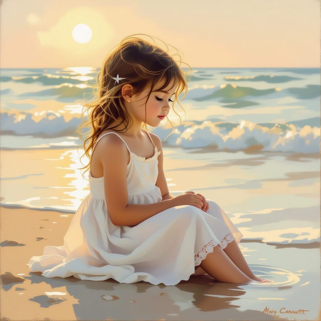 Girl in White Dress on Seashore at Golden Hour