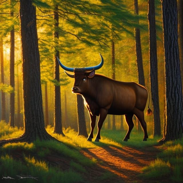 A very handsome minotaur in the woods, waiting to attack.  g...