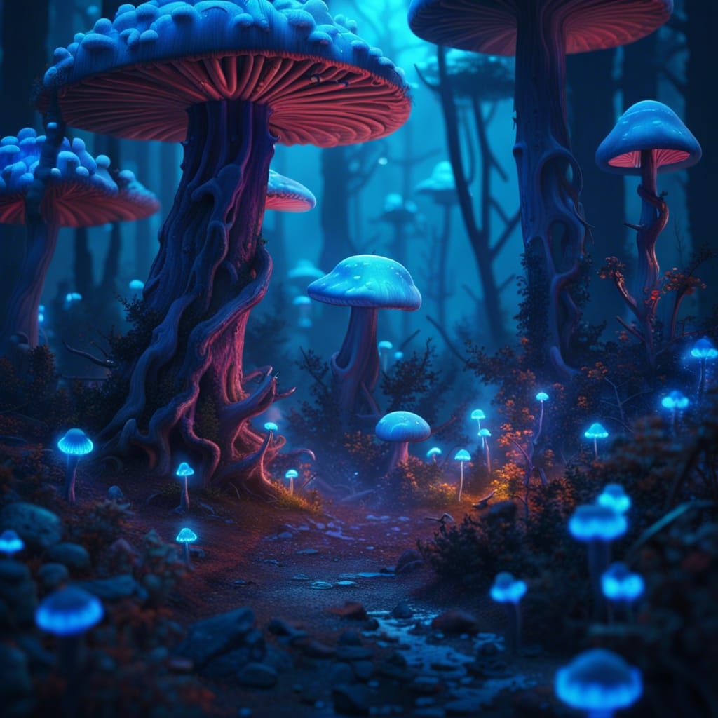 Neon Blue Mushroom Forest - Ai Generated Artwork - Nightcafe Creator