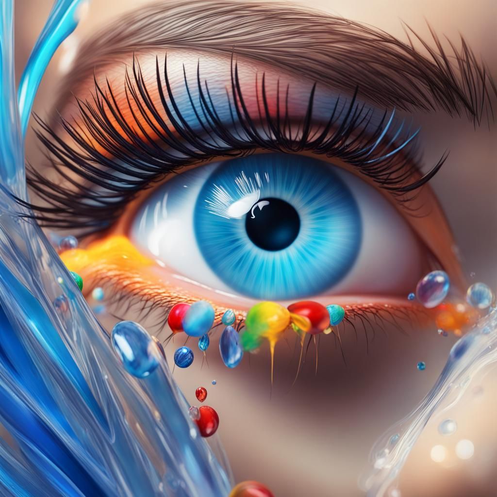 Hyperrealistic Blue Glass Eye with Colorful Lashes