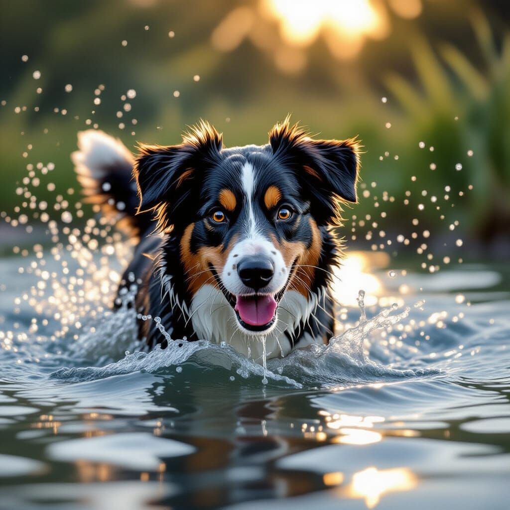 Dog Playing in Water with Realistic Ripples