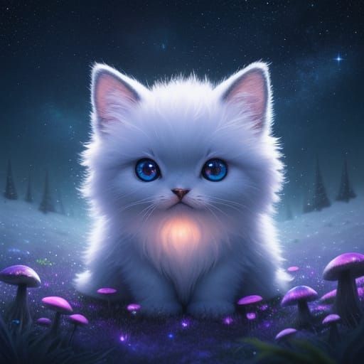 Cute Fluffy Creature Among Glowing Mushrooms