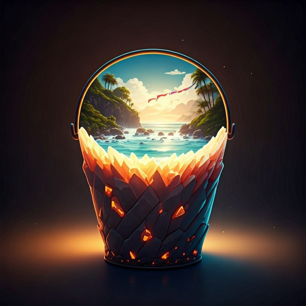 Enchanted Bucket of Glowing Crystals in Fantasy Landscape