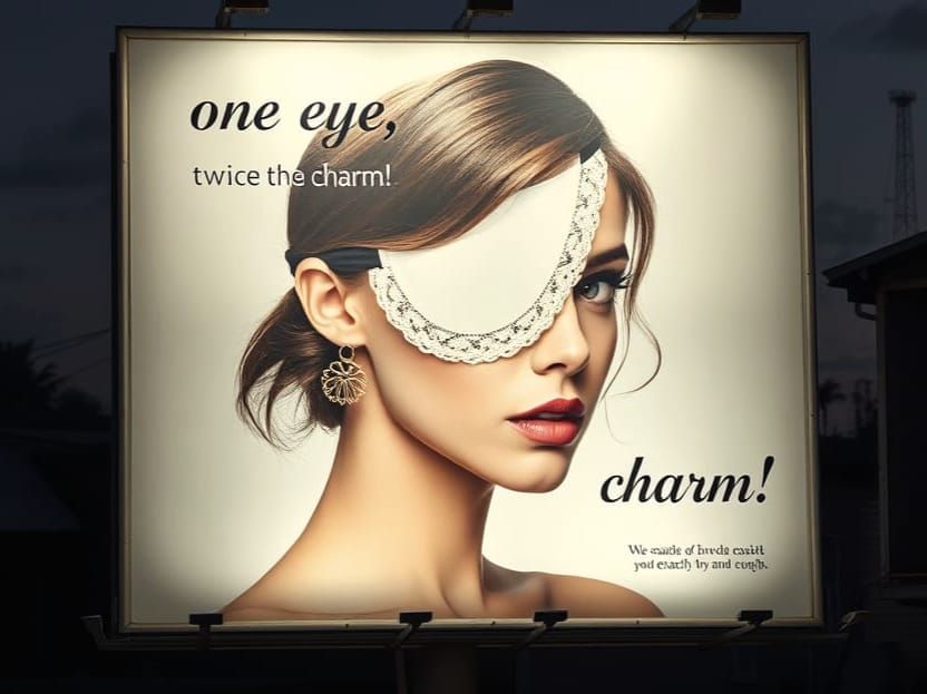 Lighted billboard advertisement for a charming white eyepatch for women