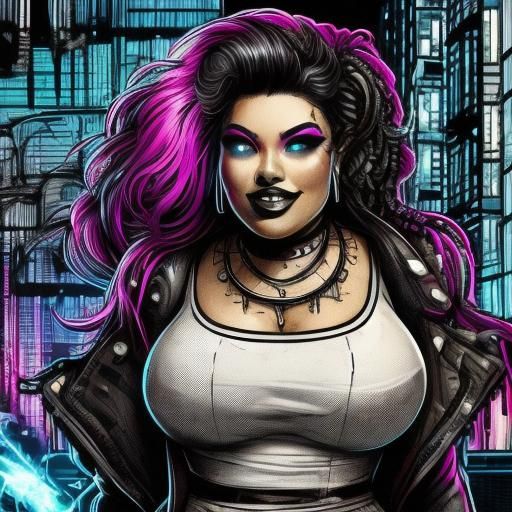 A plus size alternative man on a cyberpunk city street. Drips, ink, zendoodles <lora:ZenDoodles:1.0> 