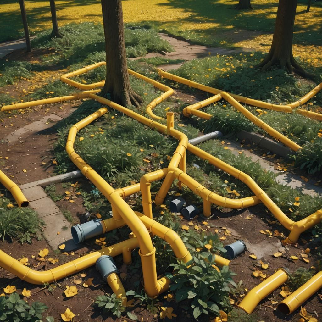 In a park there is a yellow ridged plastic pipe. At interval...