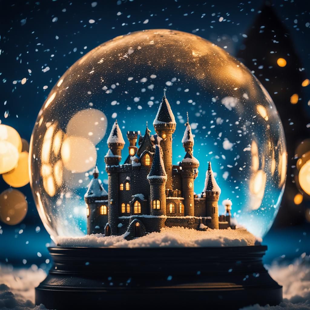 Snow globe and a dreamy castle under snow inside in the nigh...