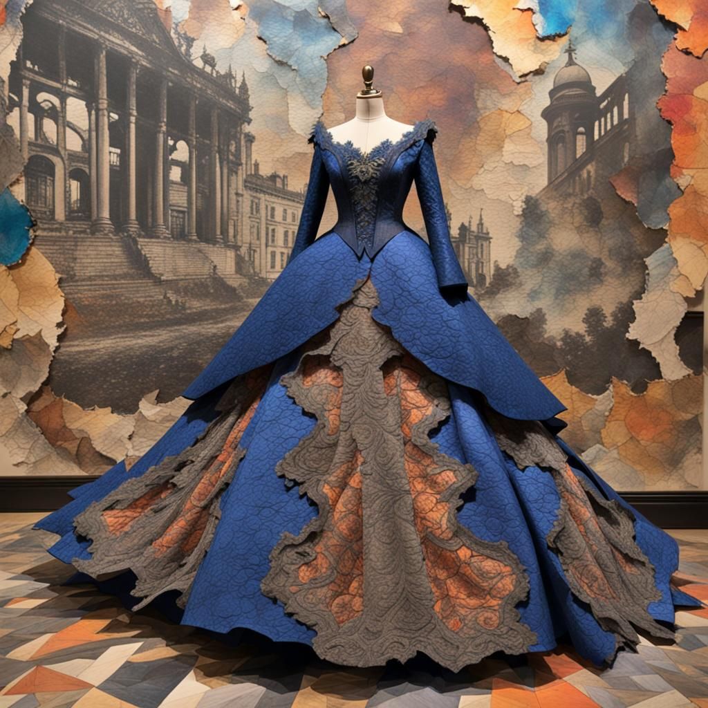 Hyper Realistic Paper Collage Ballgown, Long Sleeved Lace Bo...