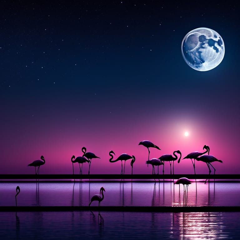 Flamingos under the moon