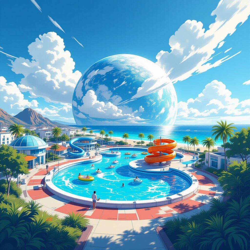 Coastal Aquapark Tiny Planet Panorama in Digital Art Style