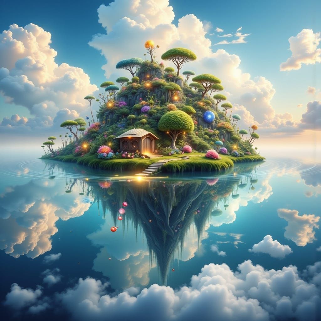 Whimsical Floating Island Ecosystem in Dreamy Painterly Styl...