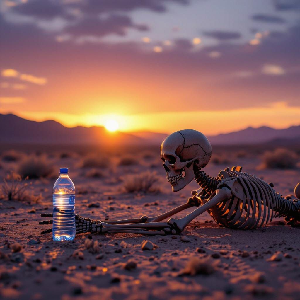 Desert Skeleton Reaches for Water Bottle at Dusk