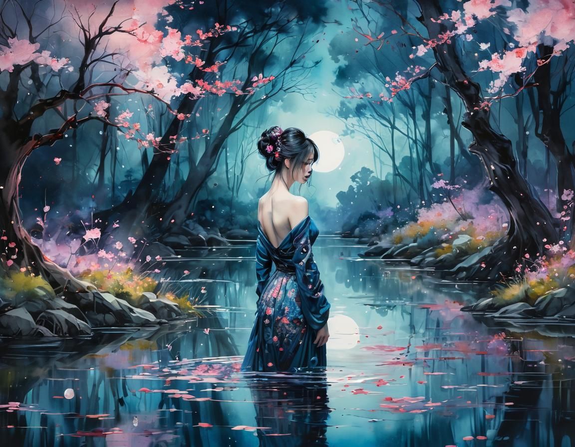 vibrant hues, lake glade at nighttime, shimmering waters, dreamy, beautiful, shadows, flowers, moonlight, fading reddish sky, translucent, f...