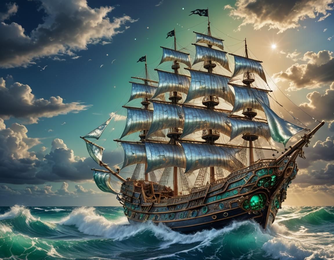 A fantastical shimmering sparkling beautiful intricately detailed platinum filigree and clear glass pirate ship, sailing...