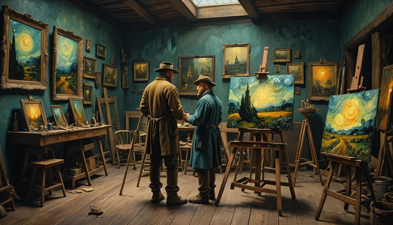 Rembrandt painting of  Van Gogh painting room scene, paintin...