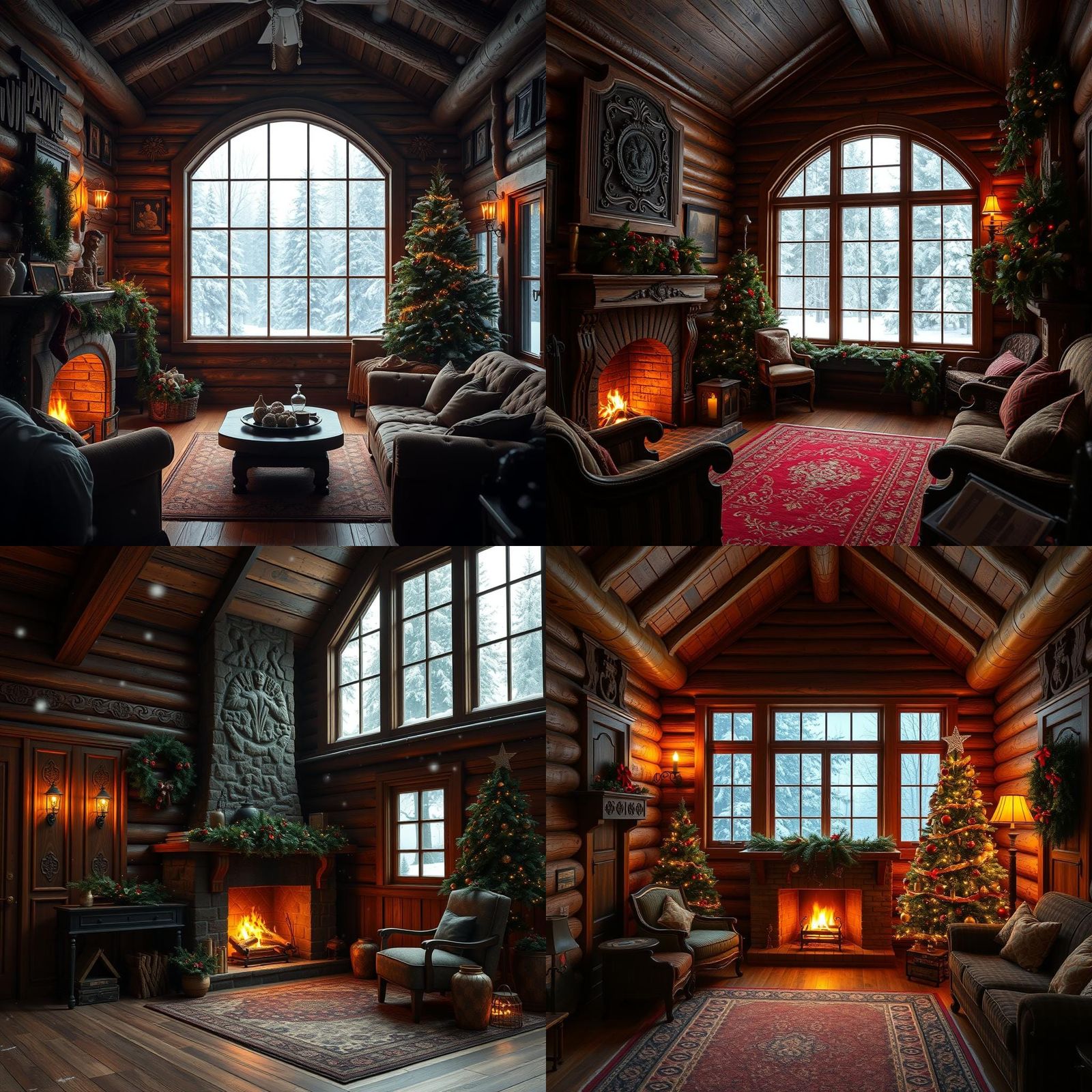 A beautiful room in a cabin with carved cherry wood walls. A...