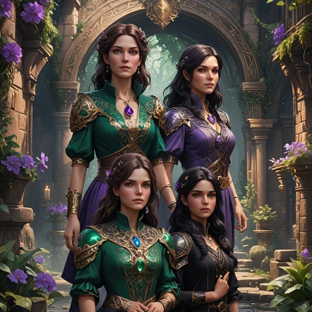 Rebecca with brown hair wearing amethyst and her sister Evel...