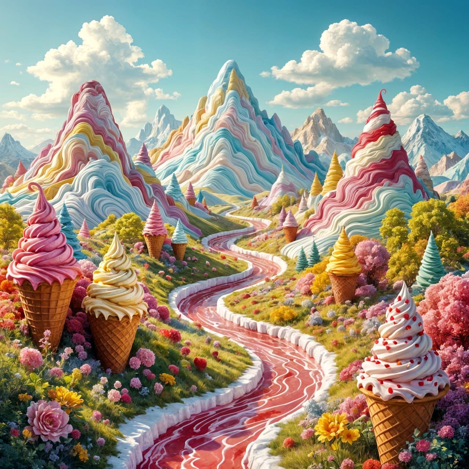 Mountains made from ice cream, rives of strawberry ice cream, trees made from ice cream cones, surreal ...  by @Simon