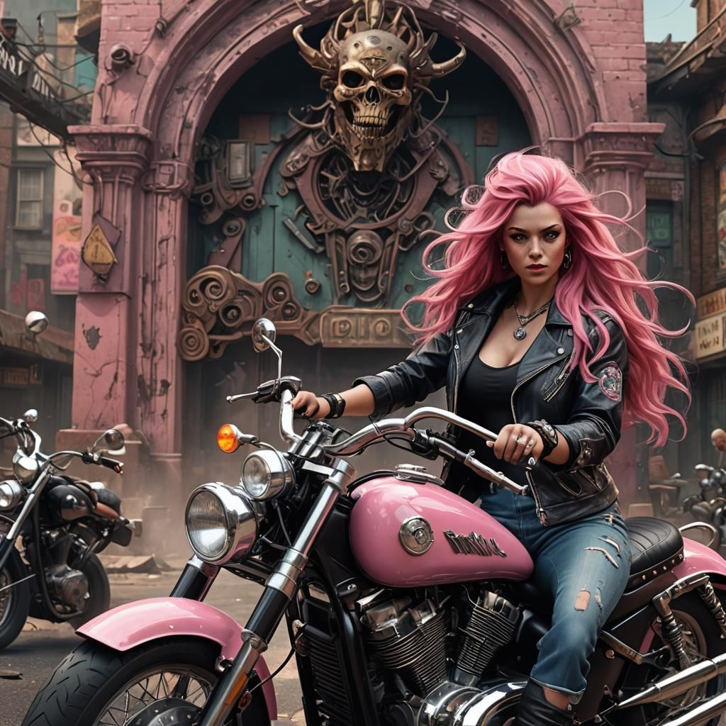 Biker chick with long pink hair 1950s rocker