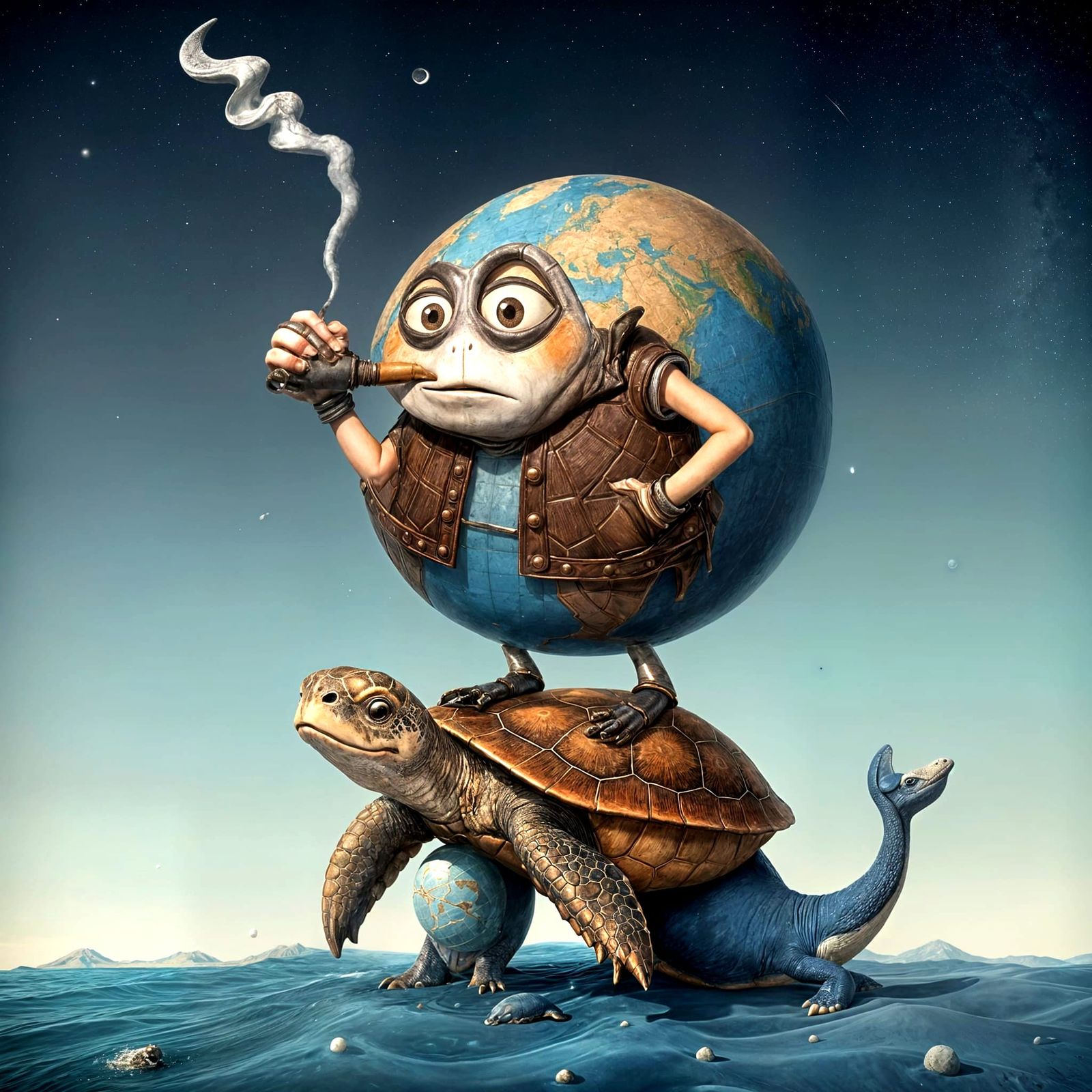 a character in the form of a globe with arms and legs smokes a car muffler-exhaust pipe. one elbow rests ...  by @manozavr