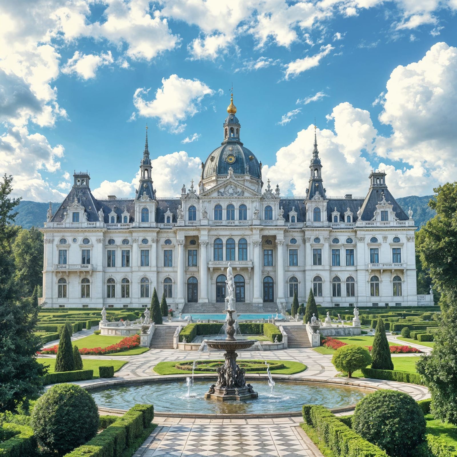 A grand Austrian Czech Hungarian Swiss palace, grand architecture, beautiful, resplendent, fantasy, surrounded ...  by @SirEdmund