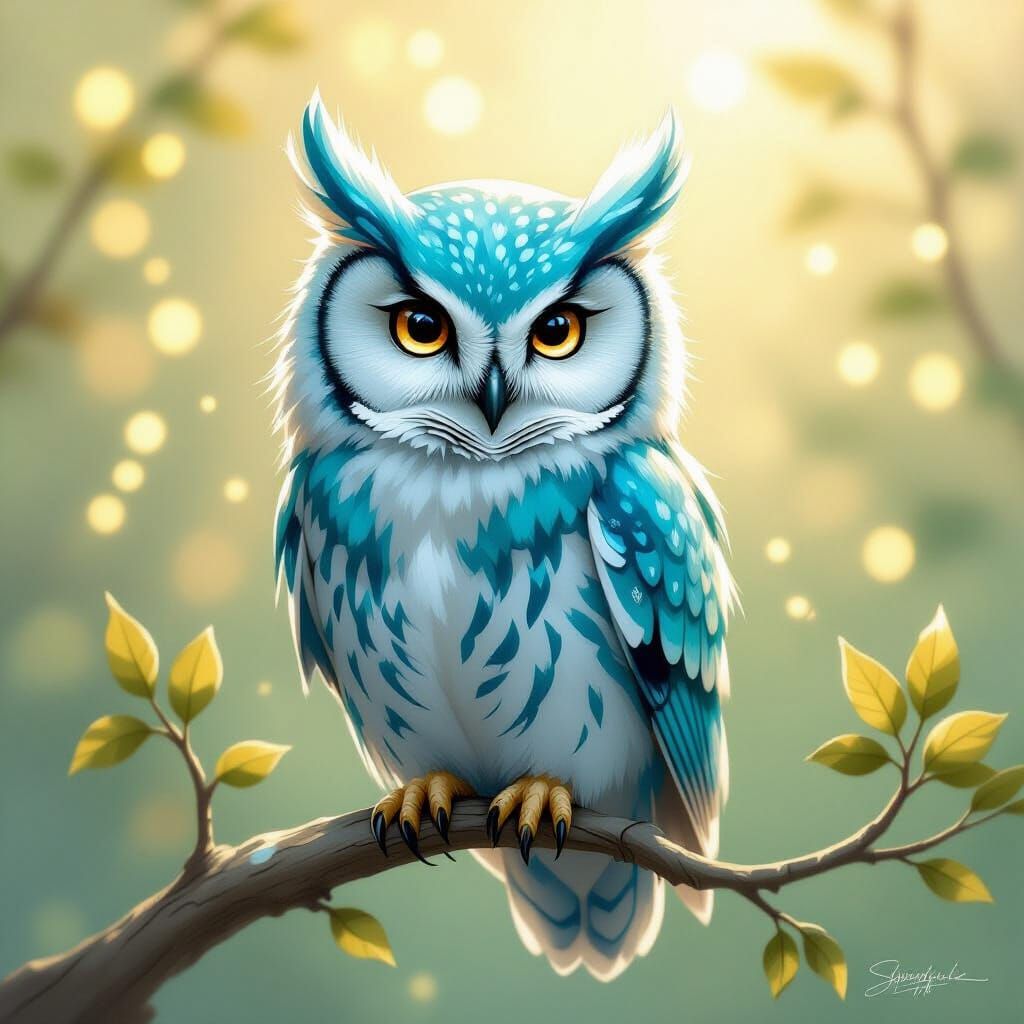 A delicate, ethereal turquoise owl with silvery feathers sits beautifully on a branch. The bird's eyes ...  by @Hani1