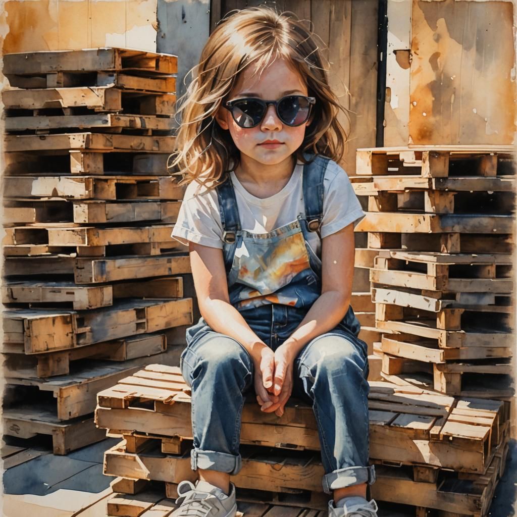 Watercolor, splashed oil painting mixed media, depth. little girl in jeans and tshirt, sunglasses, sitting ...  by @Nednut4362