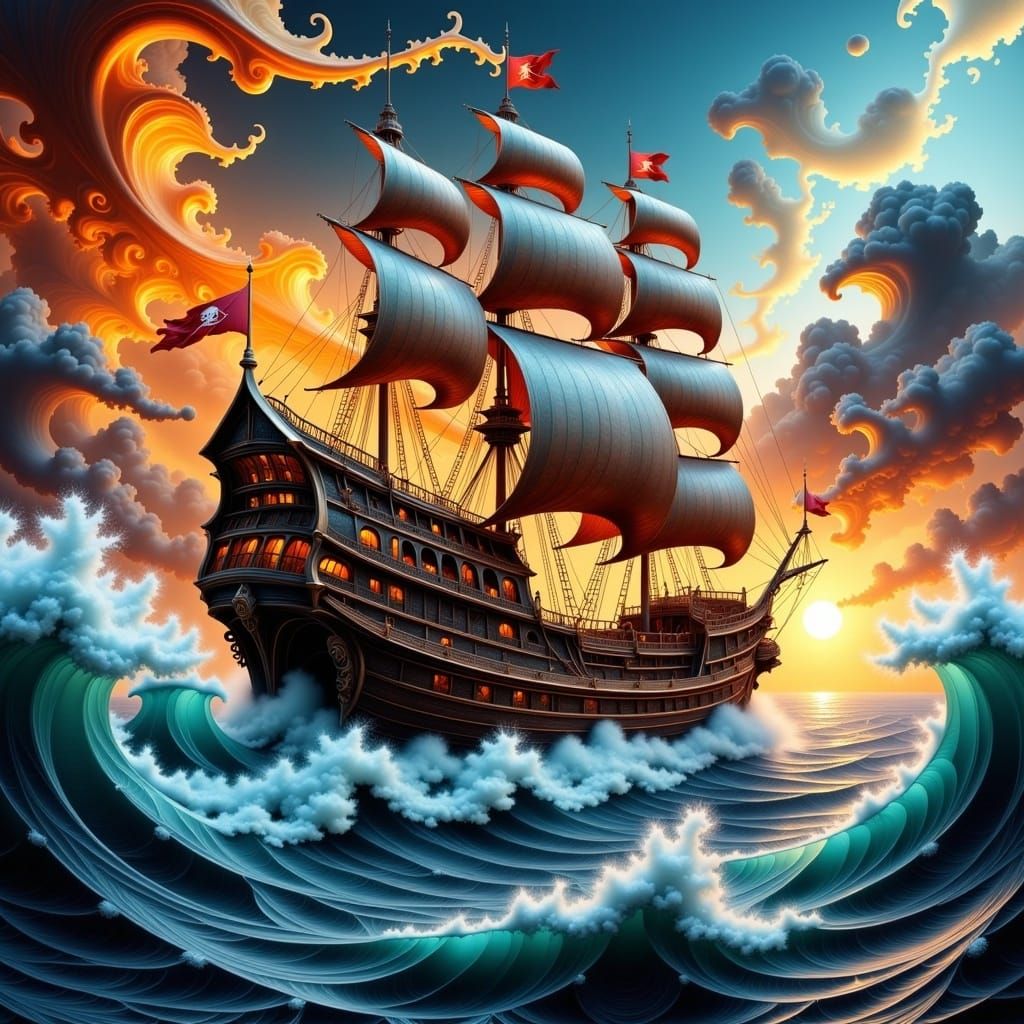 Photorealistic Pirate Ship, 3D, Fractal, fractals, hyperrealistic, hyperdetailed, maximalist, at Sunrise, electrical lightning storm, Crashi...