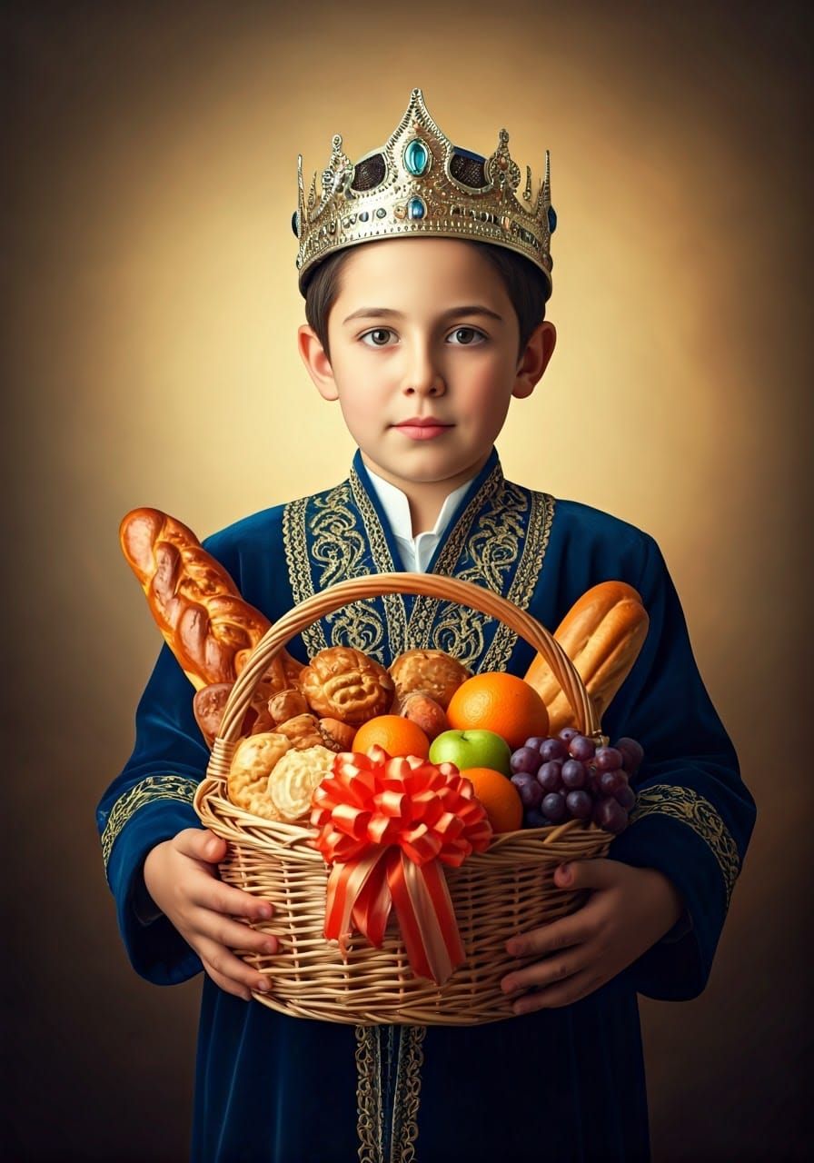 Ultra-Orthodox Boy Holds Wicker Basket of Treats in a Classi...